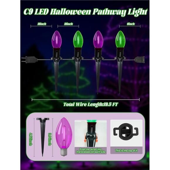 Halloween Stake Lights, 10PK C9 LED Pathway Lights with Purple & Green Bulbs - Picture 2 of 8